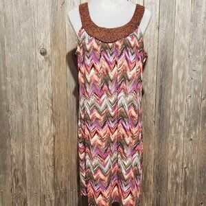 AGB Women's L Shift Dress Sleeveless Beaded Purple Coral Chevron Scoop Neck